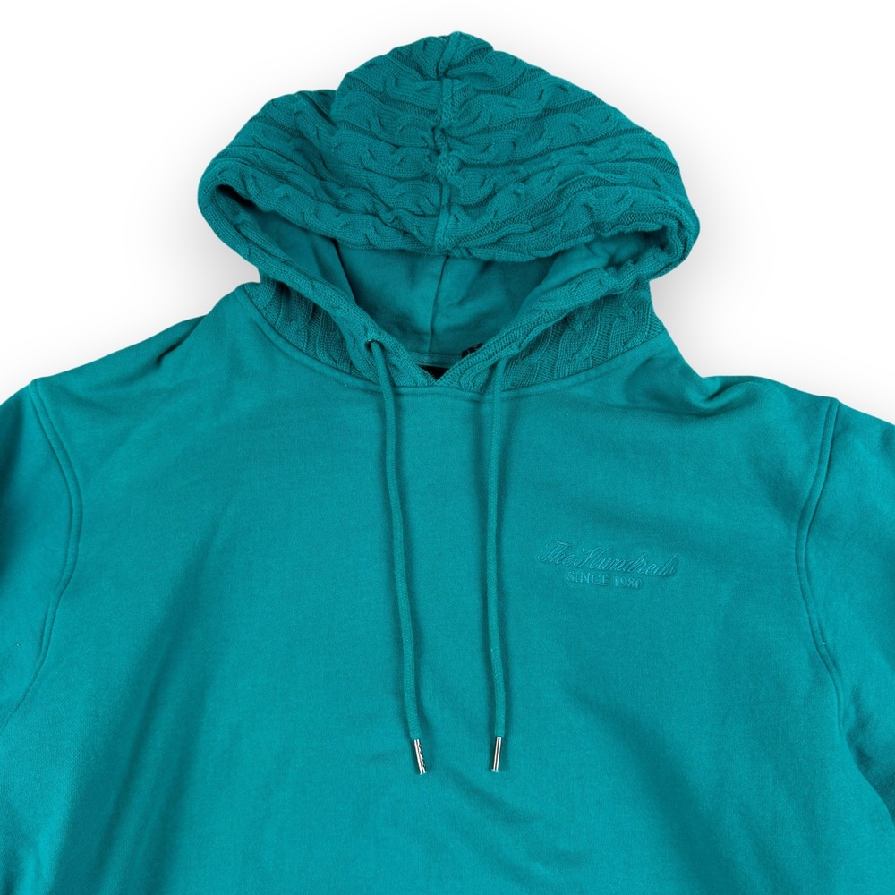 The Hundreds Cable Knit Hoodie Mens‎ L Teal Texture Kangaroo Pocket Embroidery - Picture 2 of 11